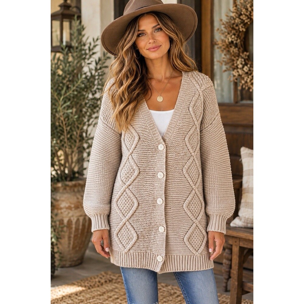 Pink Lily Beige Chunky Cable Knit Long Cardigan Button Front Medium Cottage Core